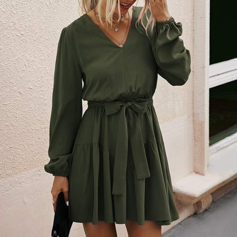 Black Minimalist Ruffle Lantern Sleeve Dress - Picture 10 of 11